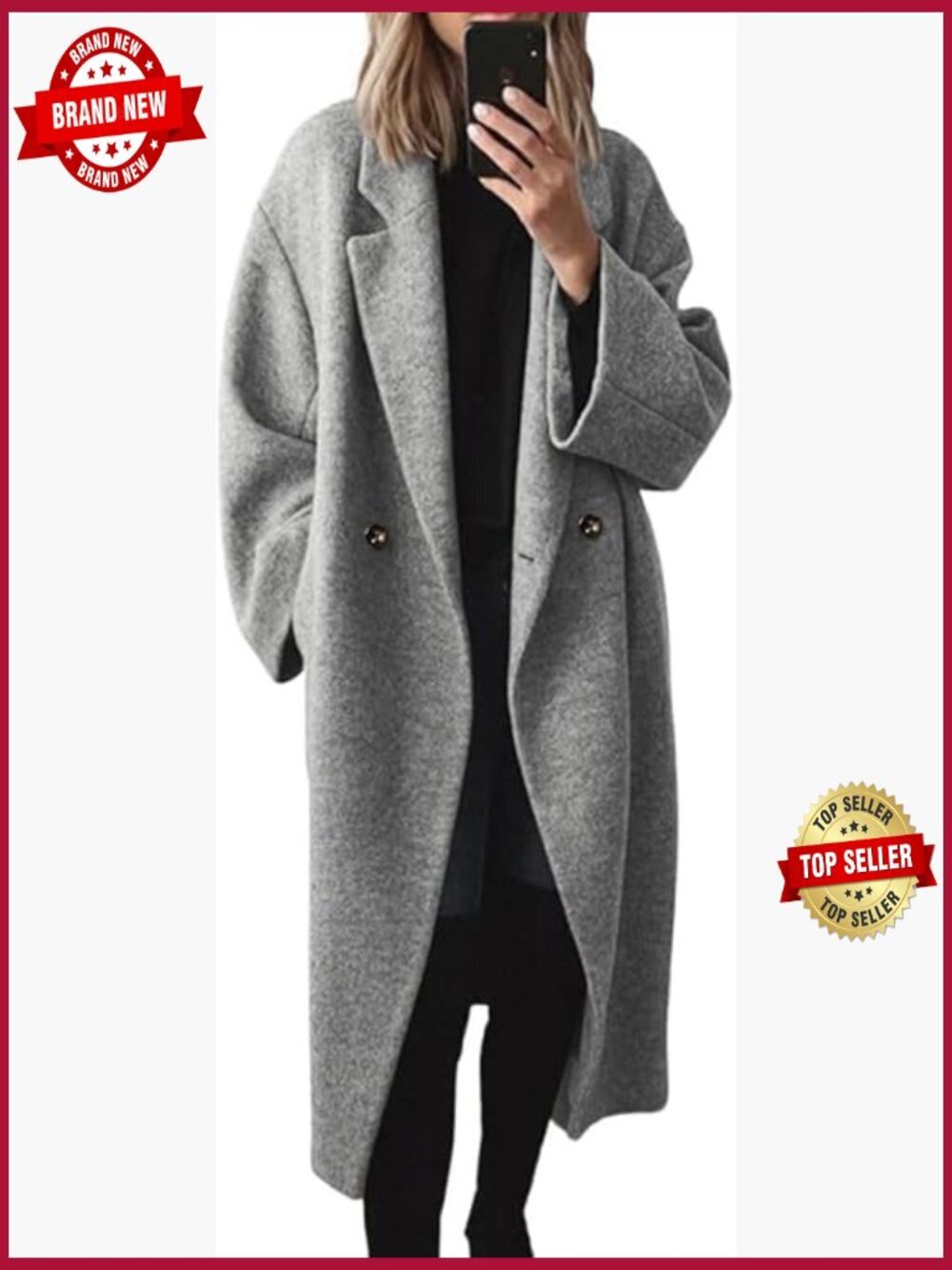 Women's Double Breasted Wool Blend Long Trench Coat Notch Lapel Pea Coat